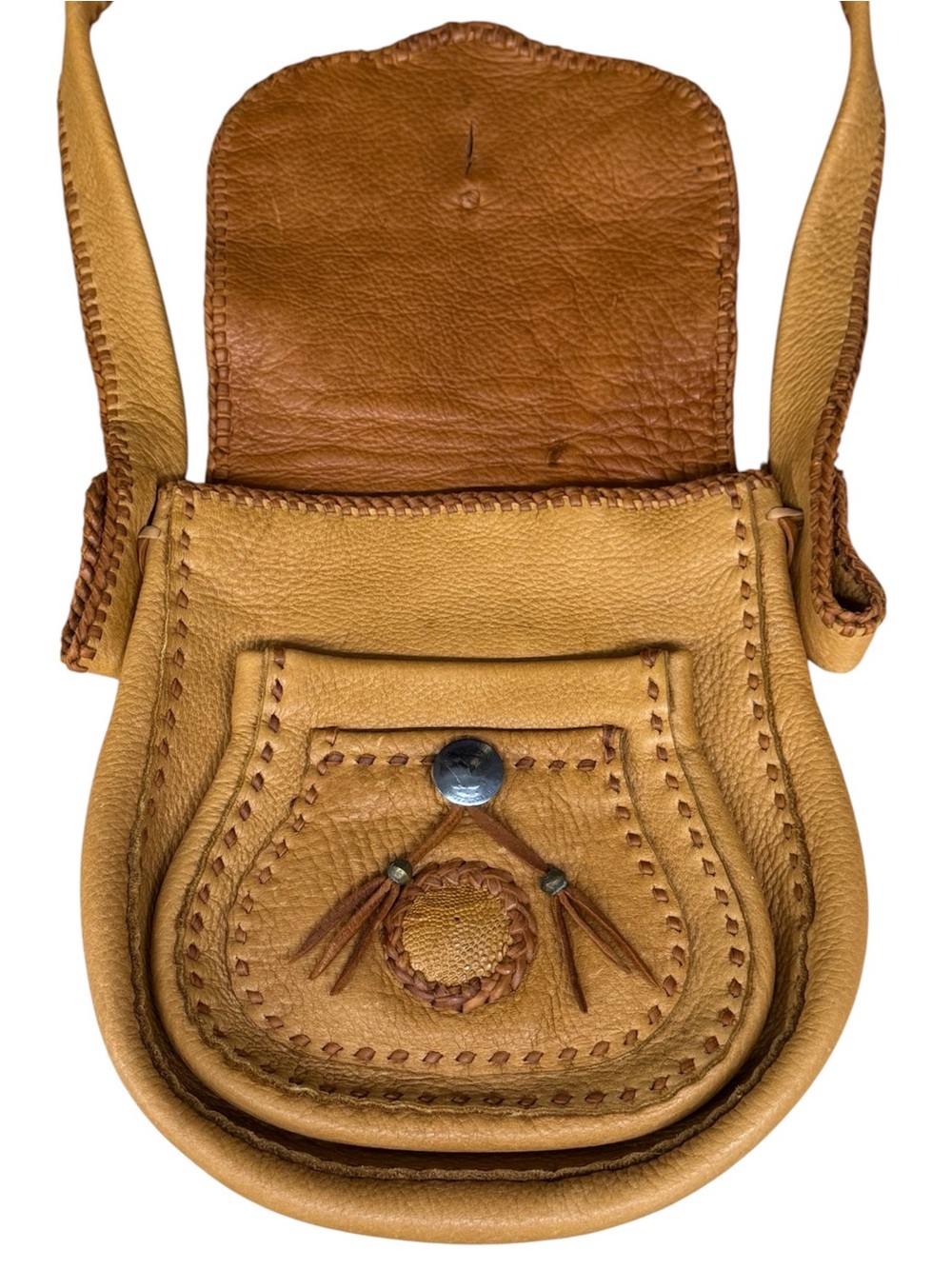 Vintage 70s Hippie Leather Bohemian Boho Gypsy Style Whip-Stitch Shoulder Bag - Picture 6 of 13